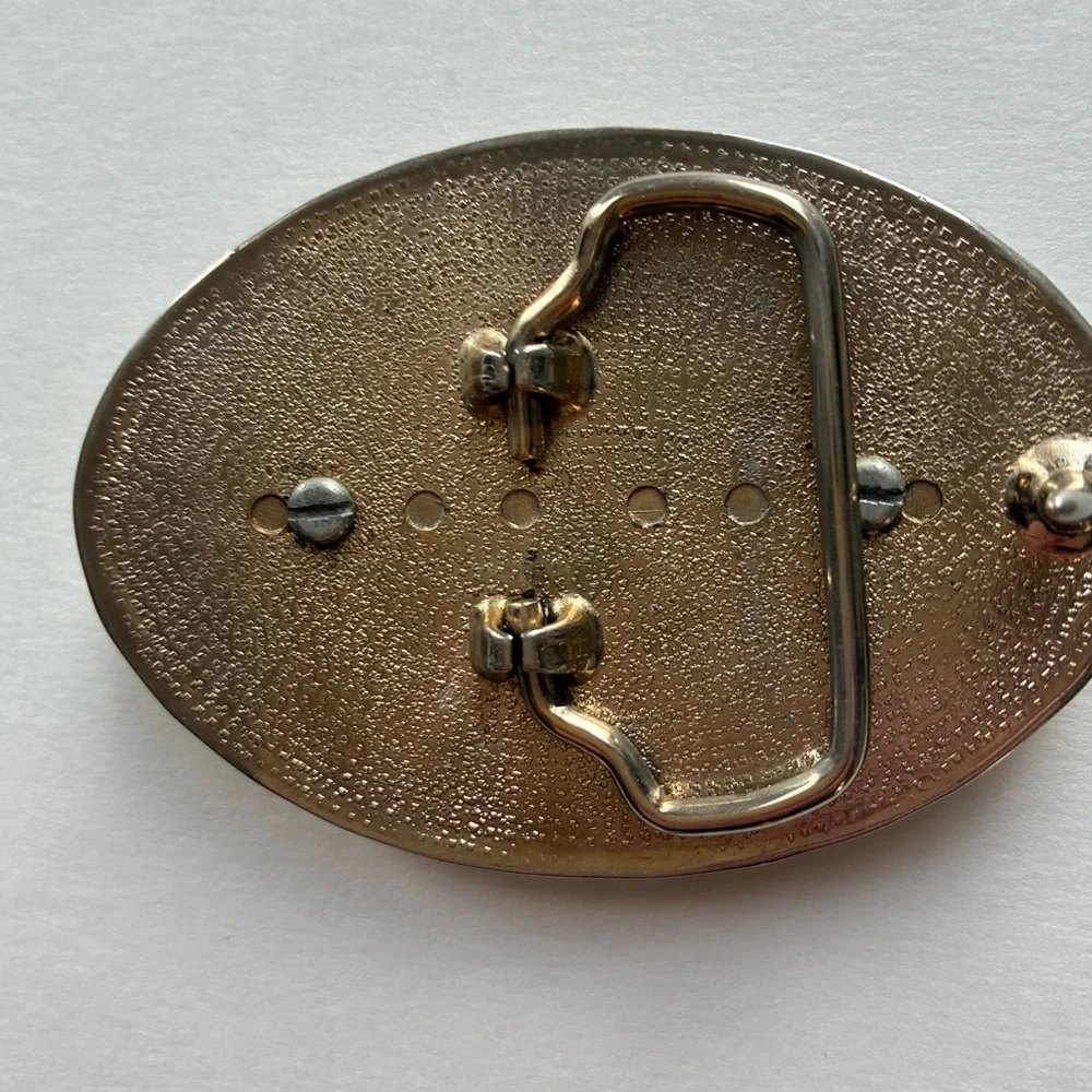 Vintage Silver Western Belt Buckle With Porcelain Floral Center Stone - Picture 3 of 5